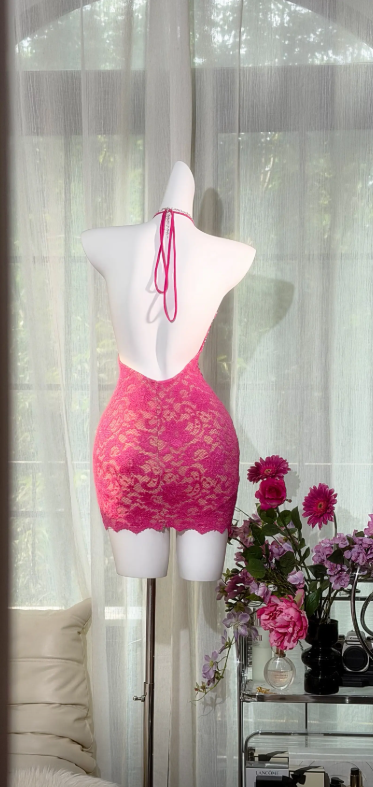 Sexy Hot Pink Birthday Dress Beaded Chiffon Sheath Graduation Party Dress V-neck Hoco Dress ED08785