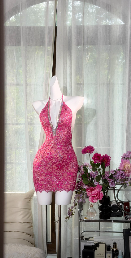 Sexy Hot Pink Birthday Dress Beaded Chiffon Sheath Graduation Party Dress V-neck Hoco Dress ED08785