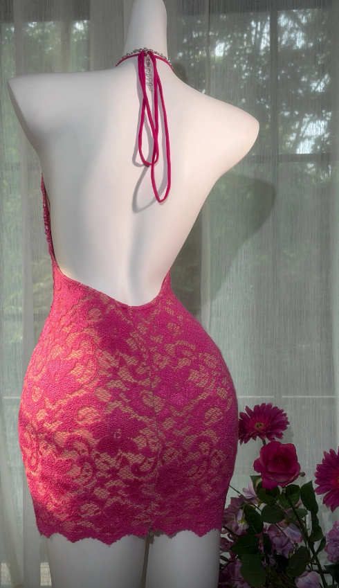 Sexy Hot Pink Birthday Dress Beaded Chiffon Sheath Graduation Party Dress V-neck Hoco Dress ED08785