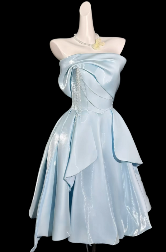 Robe de Soirée Sexy Bleu Ciel en Satin Ligne A pour Anniversaire, Bal de Fin d'Études, Robe Courte de Soirée Bustier ED08789