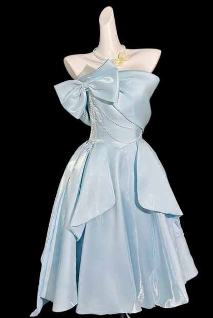 Robe de Soirée Sexy Bleu Ciel en Satin Ligne A pour Anniversaire, Bal de Fin d'Études, Robe Courte de Soirée Bustier ED08789
