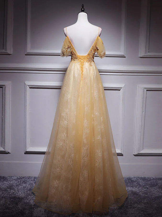 Robe de bal longue en tulle et dentelle dorée à col en V, robe de soirée en tulle doré ED0879
