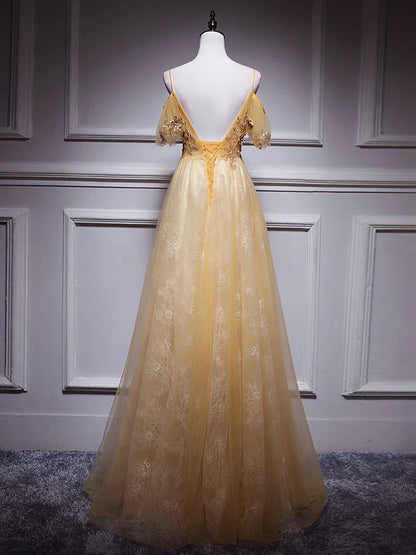 Robe de bal longue en tulle et dentelle dorée à col en V, robe de soirée en tulle doré ED0879