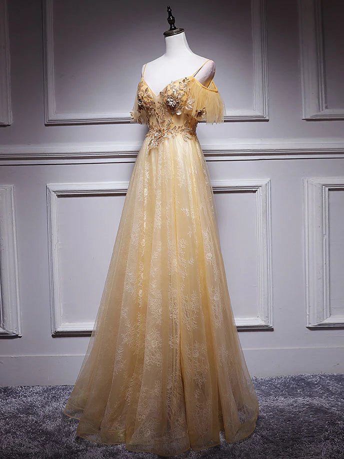 Robe de bal longue en tulle et dentelle dorée à col en V, robe de soirée en tulle doré ED0879