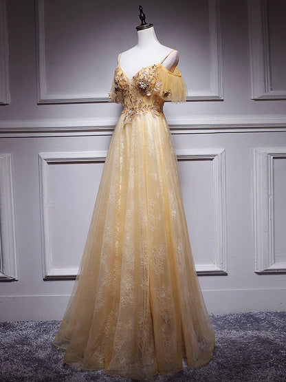 Robe de bal longue en tulle et dentelle dorée à col en V, robe de soirée en tulle doré ED0879