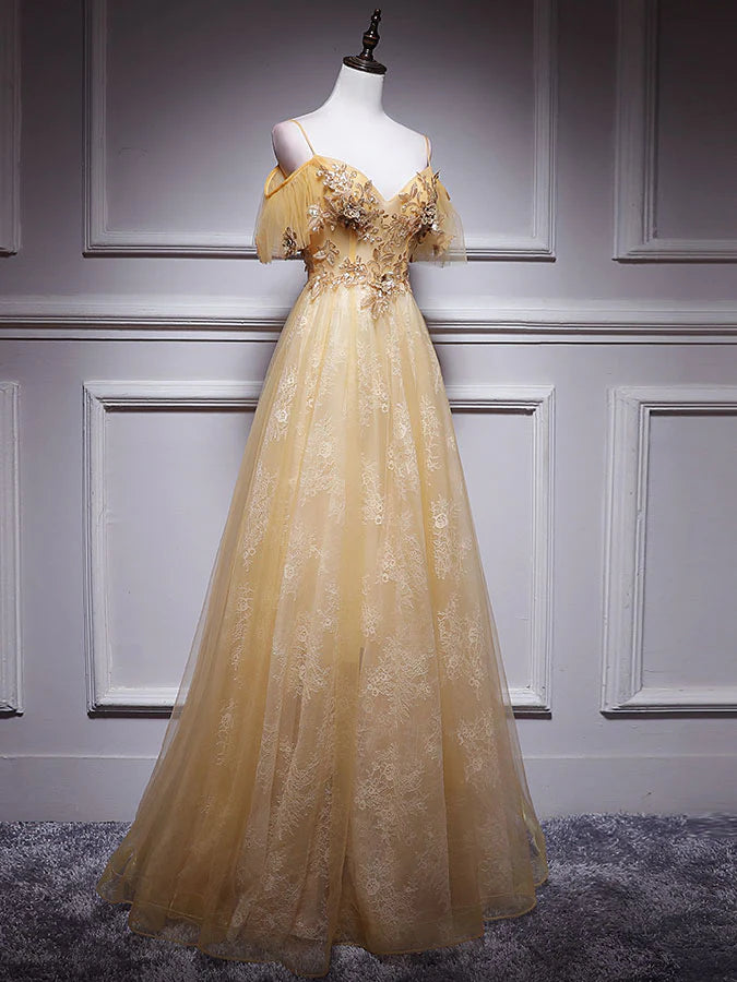 Robe de bal longue en tulle et dentelle dorée à col en V, robe de soirée en tulle doré ED0879