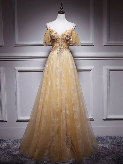 Robe de bal longue en tulle et dentelle dorée à col en V, robe de soirée en tulle doré ED0879