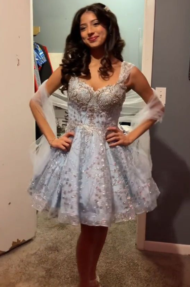 Robe d'anniversaire bleu ciel sexy en tulle coupe trapèze avec bretelles et appliques pour soirée de remise des diplômes ED08790