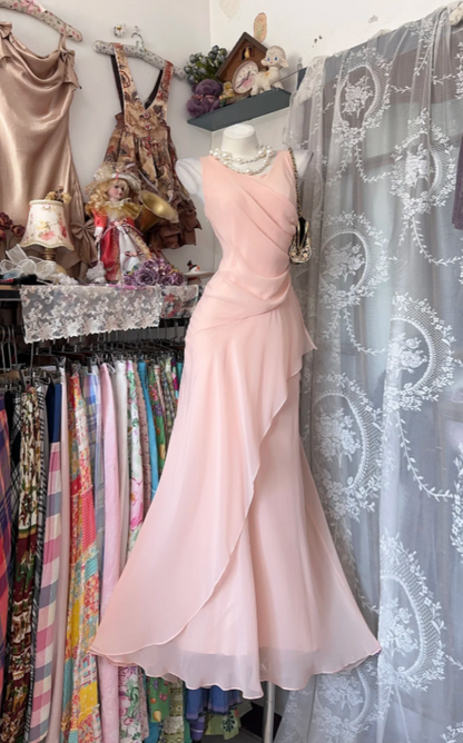 Elegant Pink Long Evening Dress Straps Sheath Chiffon Prom Dress ED08793