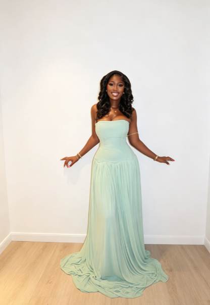 Elegant Tiffany Blue Long Evening Dress Strapless Sheath Chiffon Prom Dress ED08795