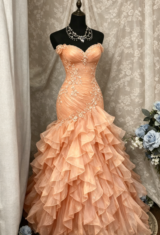 Elegant Orange Long Evening Dress Off-shoulder A-Line Tulle Prom Dress ED08797