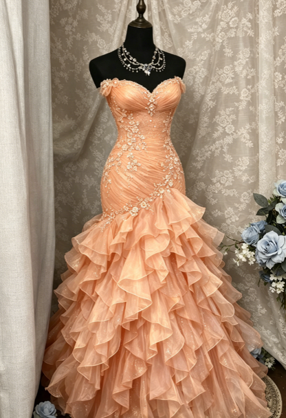 Elegant Orange Long Evening Dress Off-shoulder A-Line Tulle Prom Dress ED08797
