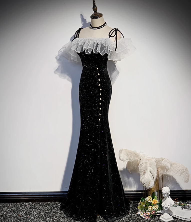 Robe de bal longue sirène noire, robe de soirée noire ED0880