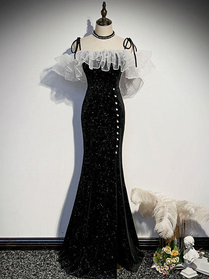 Robe de bal longue sirène noire, robe de soirée noire ED0880