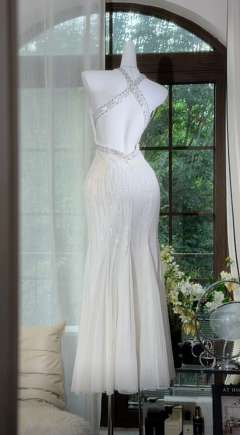 Elegant White Long Evening Dress Halter Sheath Chiffon Prom Dress ED08800