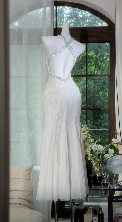Elegant White Long Evening Dress Halter Sheath Chiffon Prom Dress ED08800