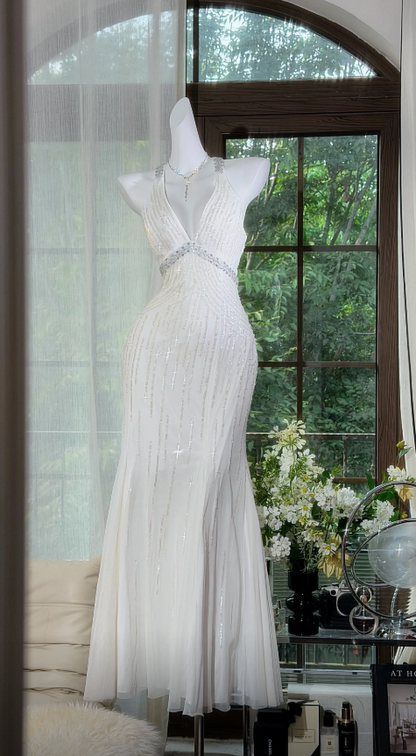 Elegant White Long Evening Dress Halter Sheath Chiffon Prom Dress ED08800