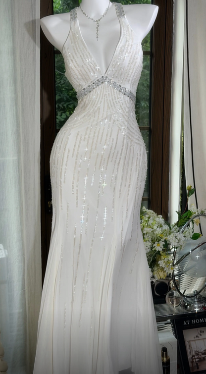 Elegant White Long Evening Dress Halter Sheath Chiffon Prom Dress ED08800