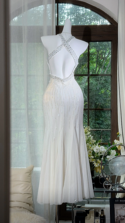 Elegant White Long Evening Dress Halter Sheath Chiffon Prom Dress ED08800