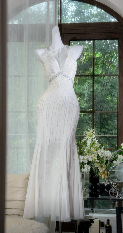 Elegant White Long Evening Dress Halter Sheath Chiffon Prom Dress ED08800