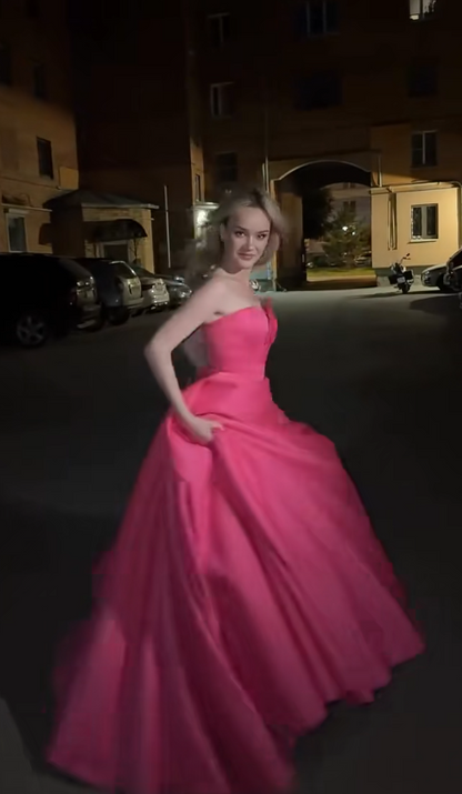 Chic Pink Prom Dress Strapless A-Line Satin Long Evening Dress ED08801