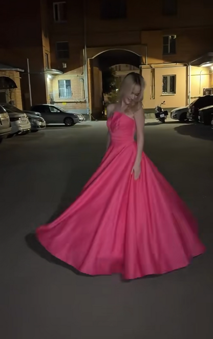 Chic Pink Prom Dress Strapless A-Line Satin Long Evening Dress ED08801