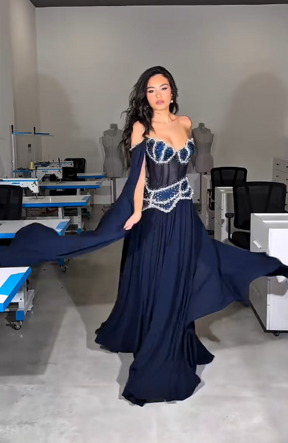 Chic Navy Blue Prom Dress Off-shoulder Sheath Chiffon Long Evening Dress  ED08806