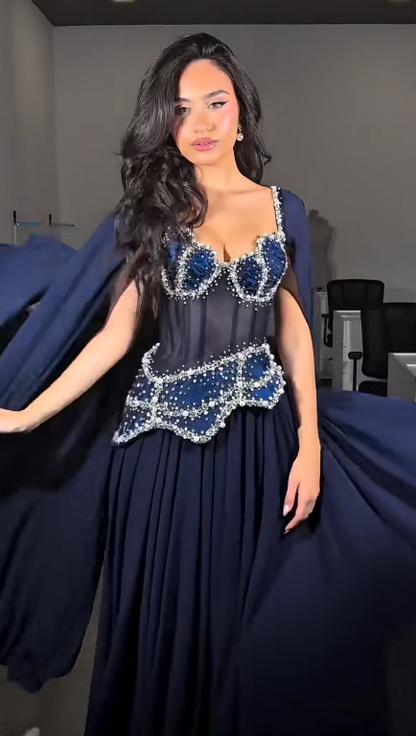 Chic Navy Blue Prom Dress Off-shoulder Sheath Chiffon Long Evening Dress  ED08806