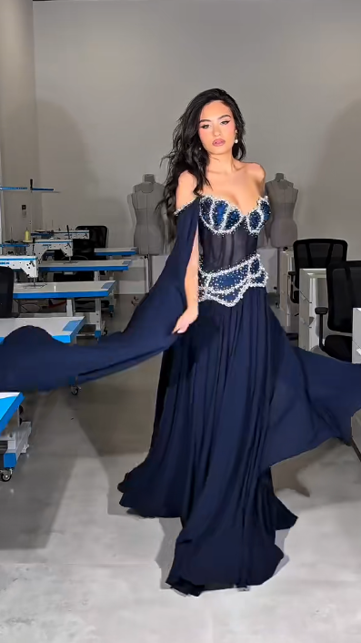 Chic Navy Blue Prom Dress Off-shoulder Sheath Chiffon Long Evening Dress  ED08806