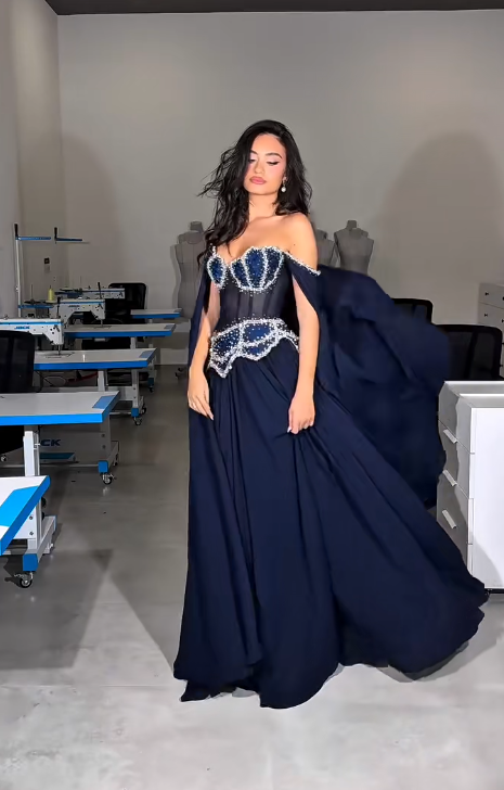 Chic Navy Blue Prom Dress Off-shoulder Sheath Chiffon Long Evening Dress  ED08806