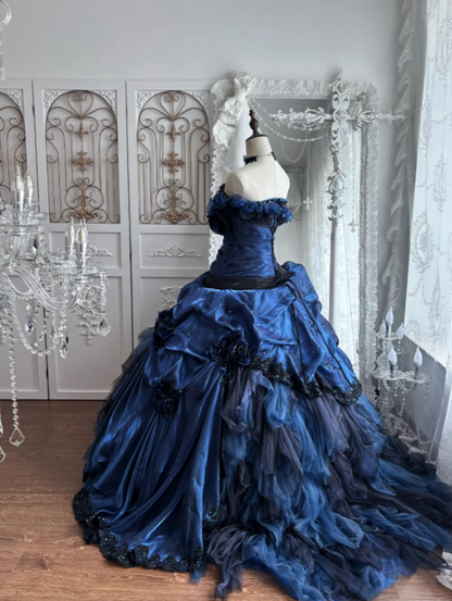 Chic Navy Blue Prom Dress Strapless A-Line Satin Long Quinceanera Dress ED08807
