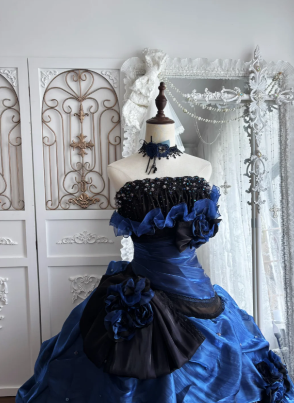 Chic Navy Blue Prom Dress Strapless A-Line Satin Long Quinceanera Dress ED08807