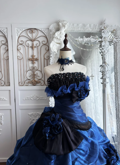 Chic Navy Blue Prom Dress Strapless A-Line Satin Long Quinceanera Dress ED08807