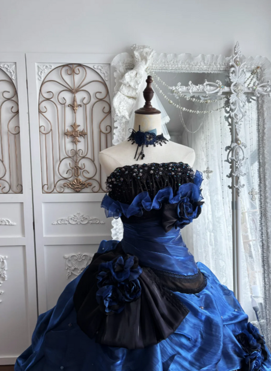 Élégante robe de bal bleu marine bustier ligne A longue robe de quinceanera en satin ED08807