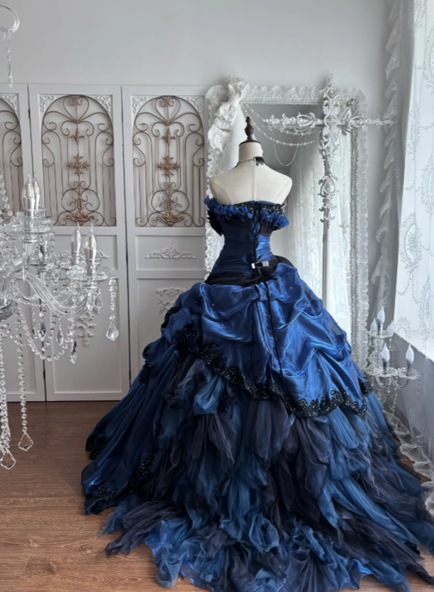 Chic Navy Blue Prom Dress Strapless A-Line Satin Long Quinceanera Dress ED08807