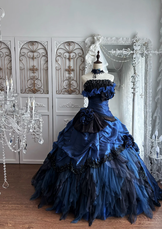 Élégante robe de bal bleu marine bustier ligne A longue robe de quinceanera en satin ED08807
