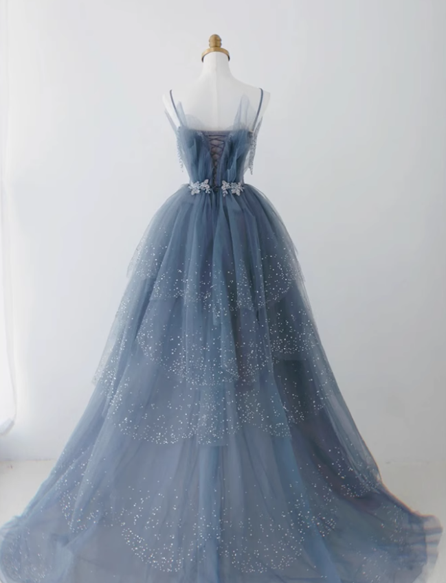 Dusty Blue Tulle Sequin Long Prom Dress, Gray Blue Tulle Formal Dress ED0881