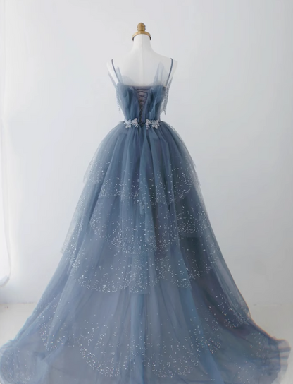 Dusty Blue Tulle Sequin Long Prom Dress, Gray Blue Tulle Formal Dress ED0881