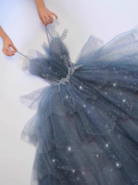 Dusty Blue Tulle Sequin Long Prom Dress, Gray Blue Tulle Formal Dress ED0881