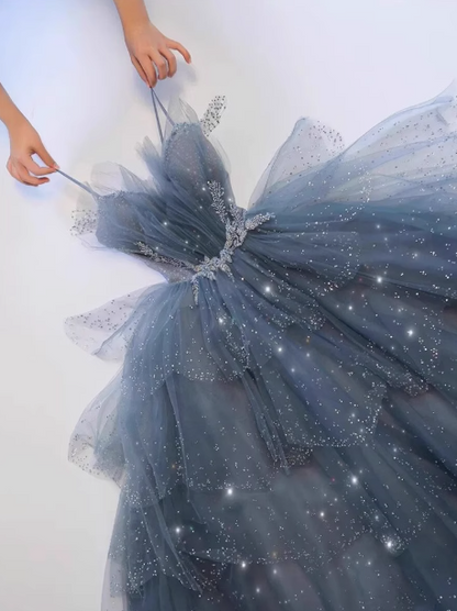 Dusty Blue Tulle Sequin Long Prom Dress, Gray Blue Tulle Formal Dress ED0881