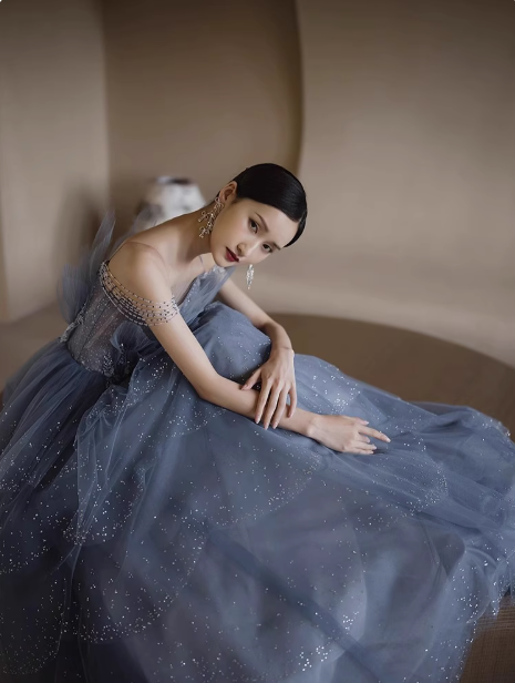 Dusty Blue Tulle Sequin Long Prom Dress, Gray Blue Tulle Formal Dress ED0881