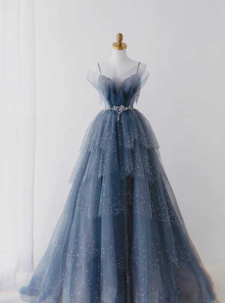 Dusty Blue Tulle Sequin Long Prom Dress, Gray Blue Tulle Formal Dress ED0881