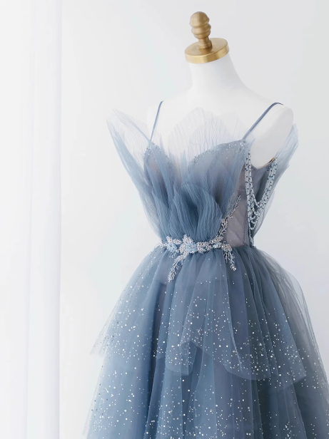 Dusty Blue Tulle Sequin Long Prom Dress, Gray Blue Tulle Formal Dress ED0881