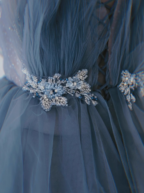 Dusty Blue Tulle Sequin Long Prom Dress, Gray Blue Tulle Formal Dress ED0881
