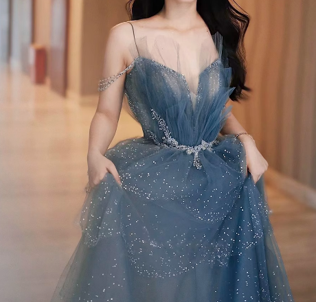 Dusty Blue Tulle Sequin Long Prom Dress, Gray Blue Tulle Formal Dress ED0881
