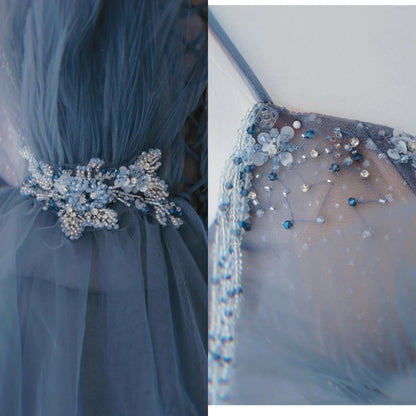 Dusty Blue Tulle Sequin Long Prom Dress, Gray Blue Tulle Formal Dress ED0881