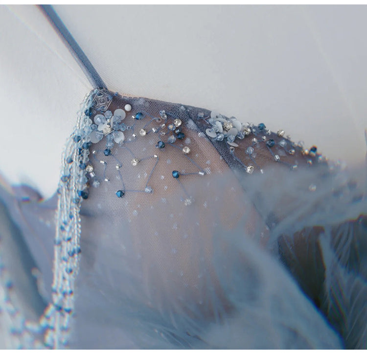 Dusty Blue Tulle Sequin Long Prom Dress, Gray Blue Tulle Formal Dress ED0881