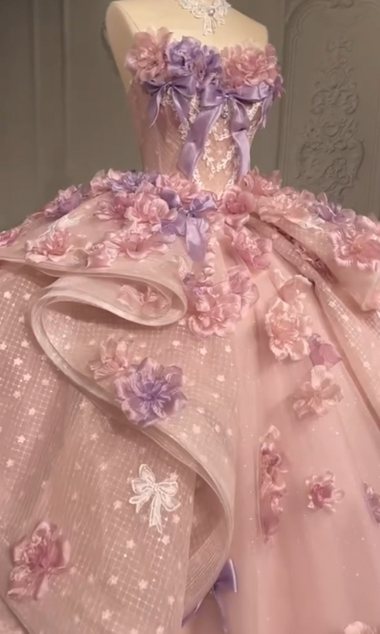 Fairy Pink Quinceanera Dress Tulle Ball Gown Applique Sweet 16 Dress ED08811