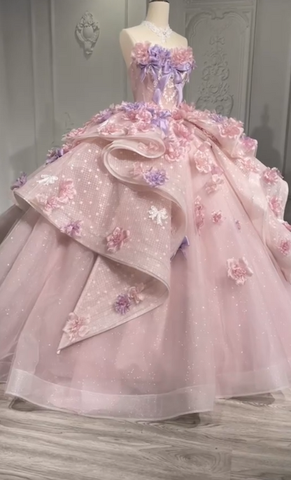Fairy Pink Quinceanera Dress Tulle Ball Gown Applique Sweet 16 Dress ED08811