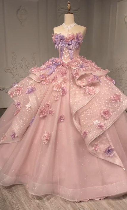 Fairy Pink Quinceanera Dress Tulle Ball Gown Applique Sweet 16 Dress ED08811